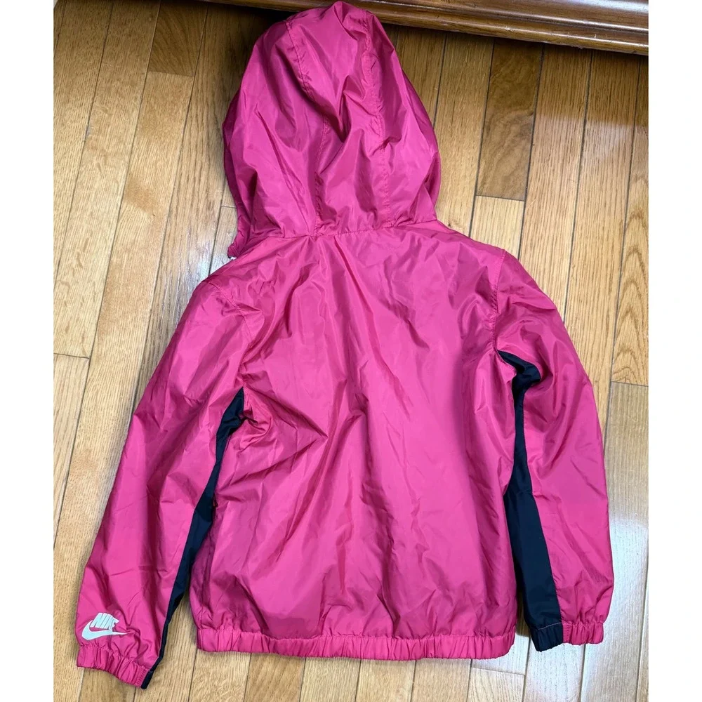 Nike Kids Pink Black Fleece Lined Windbreaker‎ Hooded Jacket Size 6 5-6 YRS
